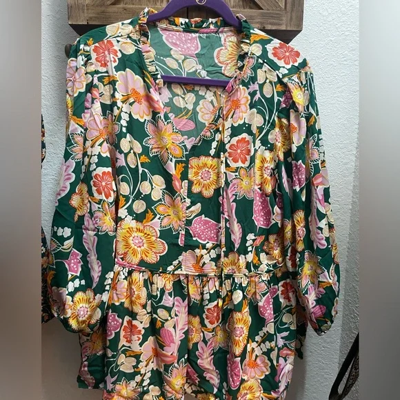 Green Floral Ruffled Blouse with Pink Accents - Picture 1 of 1